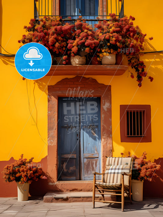 San Miguel Vibrant Color Combinations, A Chair And Chair With Flowers On The Front Of A Yellow Building