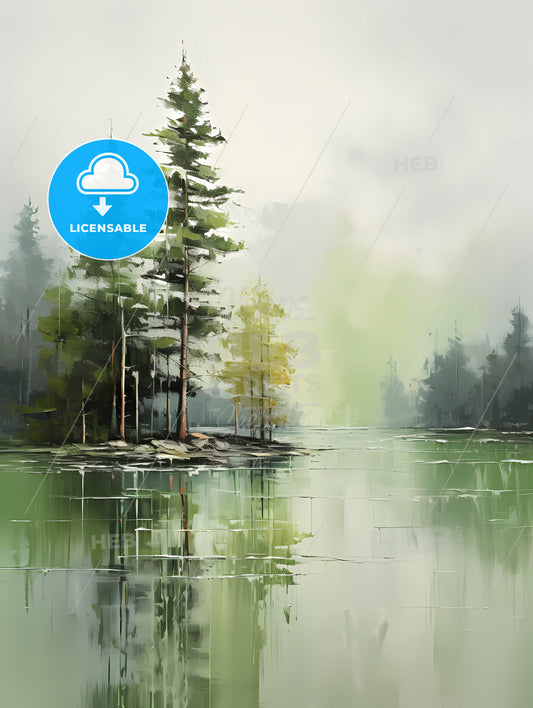 Green Forest Landscape Oil, A Painting Of A Lake With Trees And A Foggy Sky