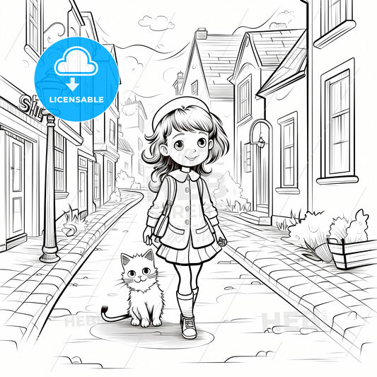 Coloring Book For Kids, A Cartoon Girl Walking With A Cat