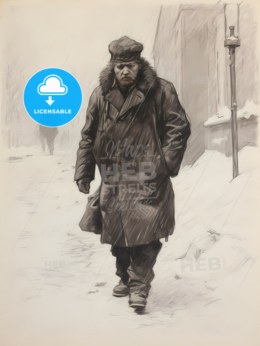 Charcoal Drawing Of A Boshevik, A Man Walking In The Snow