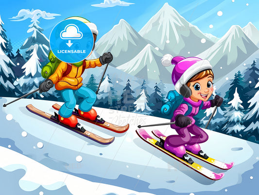 Boy And Girl Skiing, A Cartoon Of Kids Skiing Down A Snowy Hill
