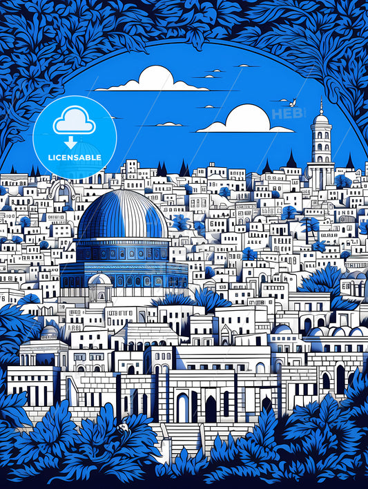 Outline The City Of Jerusalem, A Blue And White Cityscape