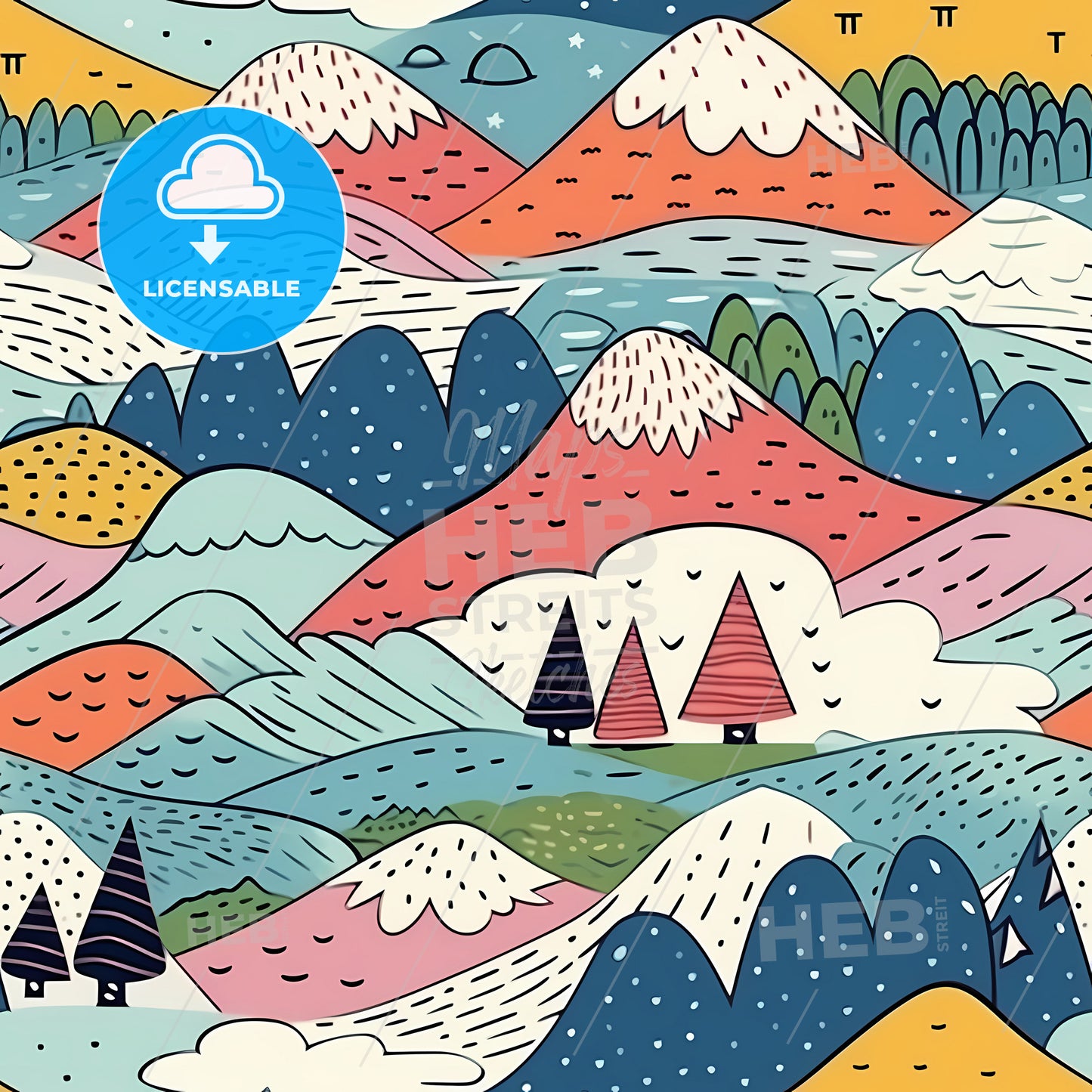 Hand Drawn Landscape Pattern, A Colorful Landscape With Trees And Mountains
