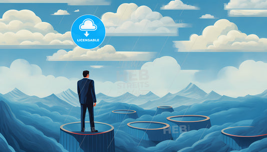 A Man Looking Through A Spyglass, A Man Standing On A Platform With Many Round Objects In The Middle