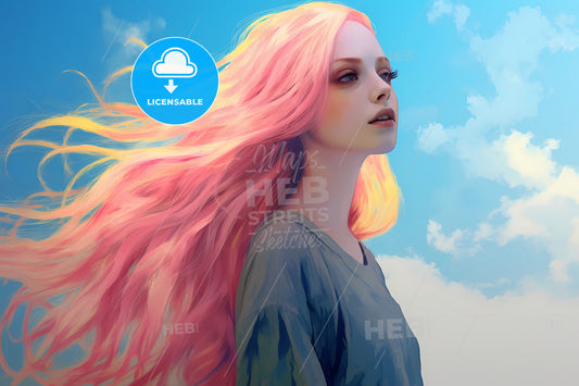 A Light Yellow Pink And Blue Background, A Woman With Pink Hair