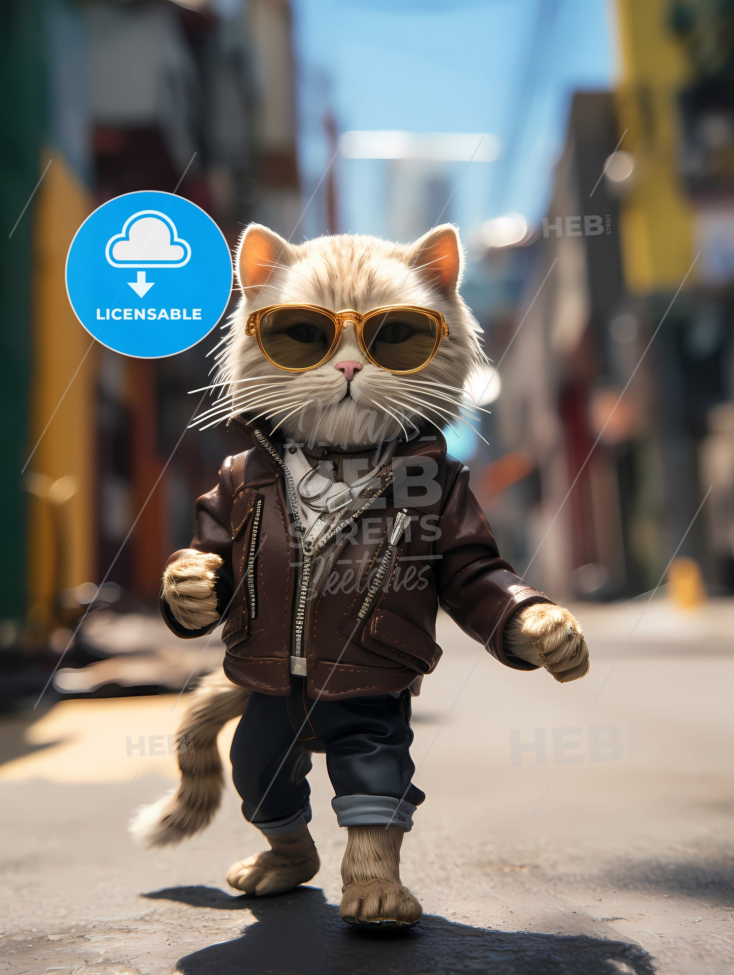 A Cat Wearing Sunglasses, A Cat Wearing Sunglasses And A Leather Jacket Walking On A Street