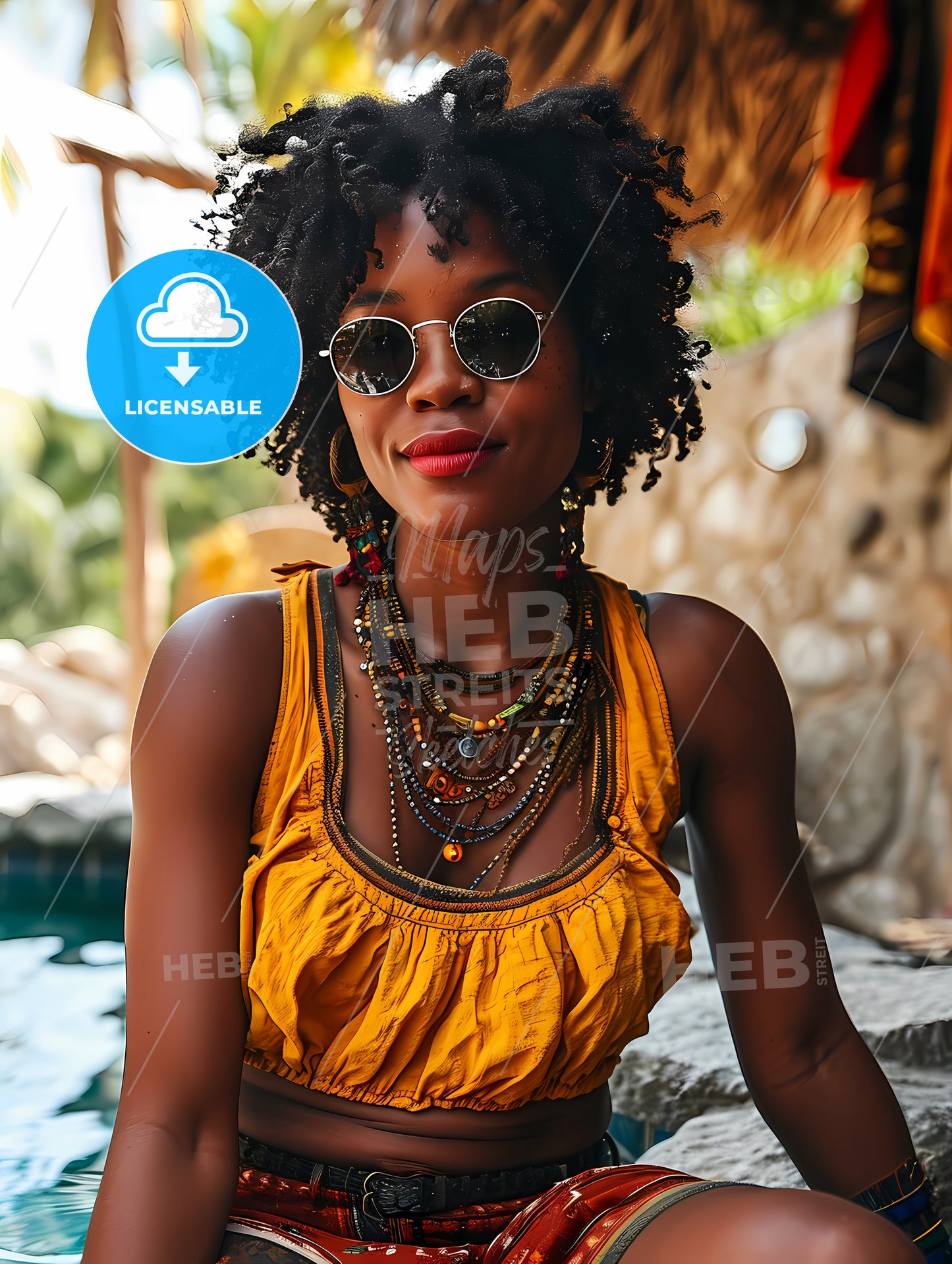 A Beautiful Woman Sitting Poolside, A Woman Wearing A Yellow Top And Sunglasses