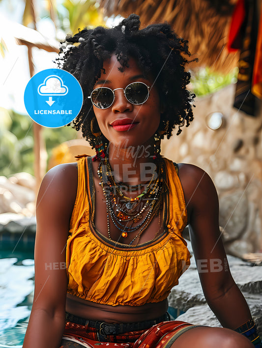 A Beautiful Woman Sitting Poolside, A Woman Wearing A Yellow Top And Sunglasses
