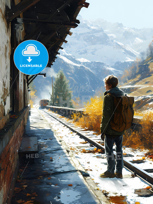 Vector Poster Traveling, A Person Standing On Train Tracks