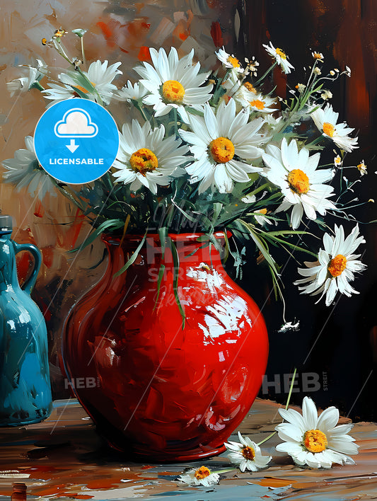 Flowers, A Painting Of A Red Vase With White Flowers