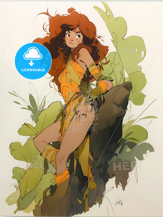 Beautiful Cavewoman, A Cartoon Of A Woman Posing On A Rock