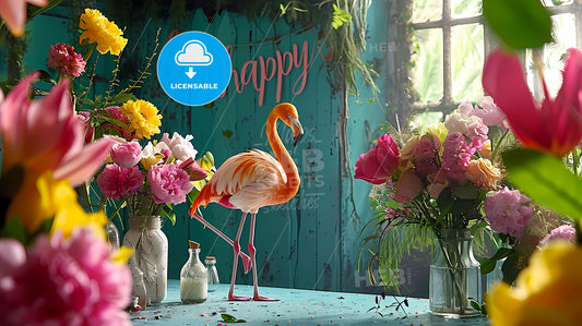 Tropical Happy Birthday Banner, A Flamingo Standing On A Table With Flowers In Front Of A Window