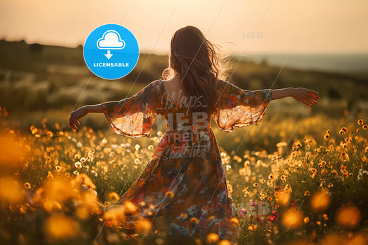 Rear View Of Woman With A Summer Dress, A Woman In A Flower Field