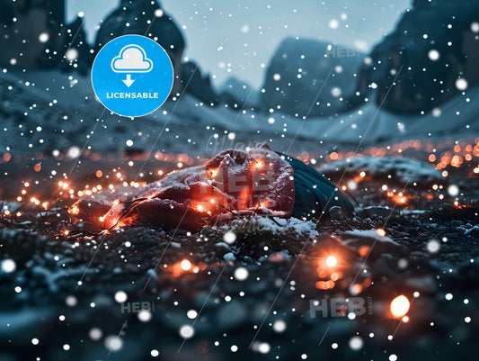 Create A Very Real Illustration For Christmas, A Red Hat With Lights On It In The Snow