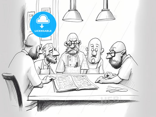Several Chefs In A Meeting, A Cartoon Of Men Sitting At A Table