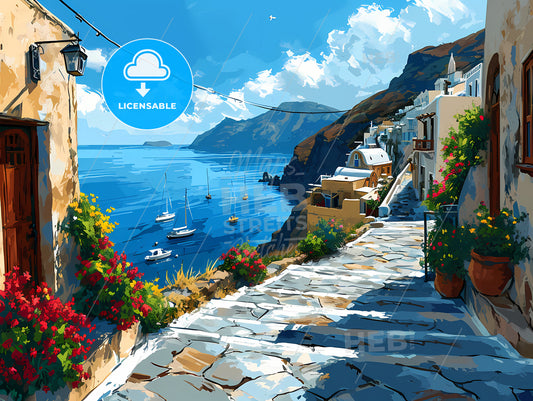 A Graphic Illustration Of Santorini Greece, A Stone Path Leading To A Body Of Water