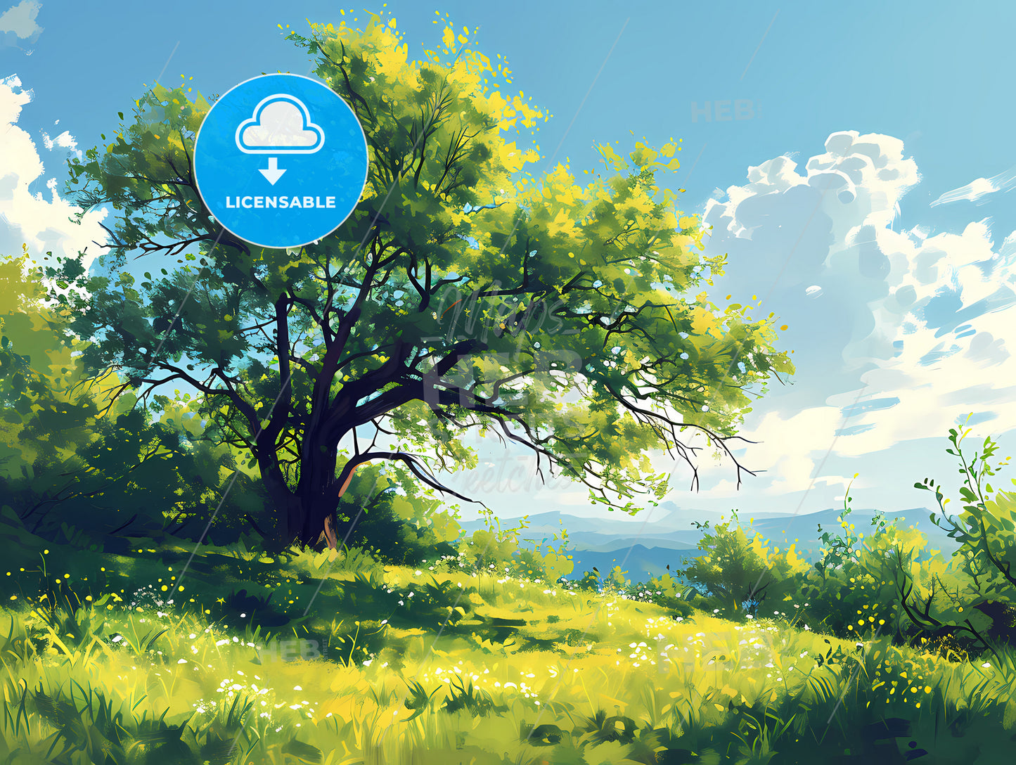 Beautiful Blurred Background Of Spring Nature, A Tree In A Grassy Field