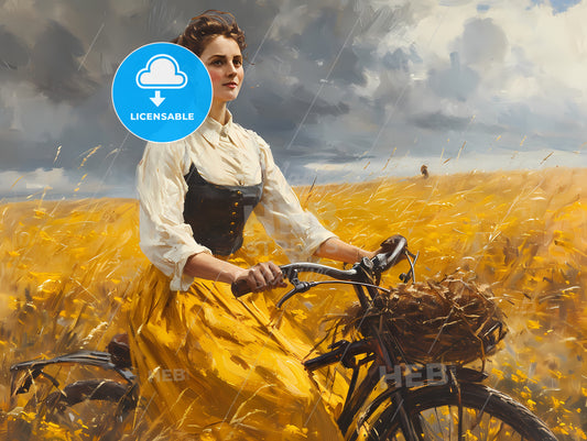 Farmers Daughter On A Bicycle, A Woman Riding A Bicycle In A Field