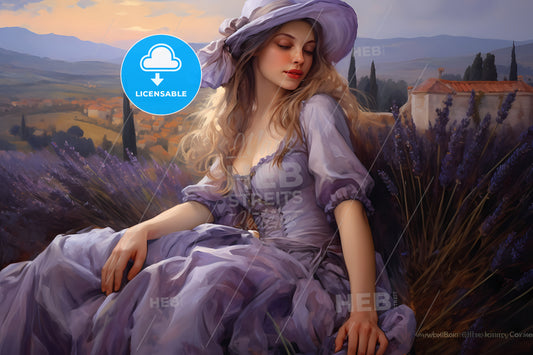 Lavender Oil In Oils In The Style Of Feminine Sensibilities, A Woman In A Lavender Dress