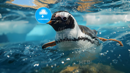 A Cute Little Penguin In The Blue Sea, A Penguin Swimming In Water