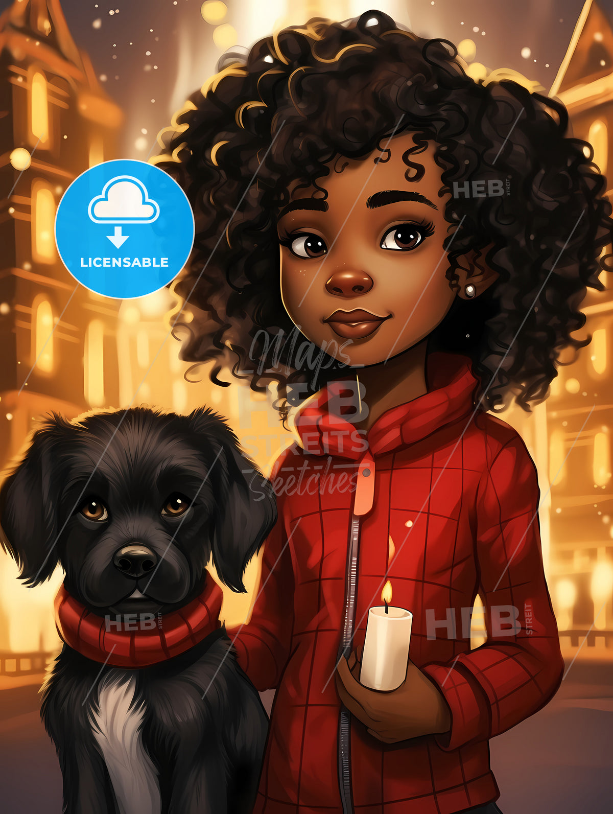 Cute Little Black Girl With Dog, A Cartoon Of A Woman Holding A Dog And A Candle