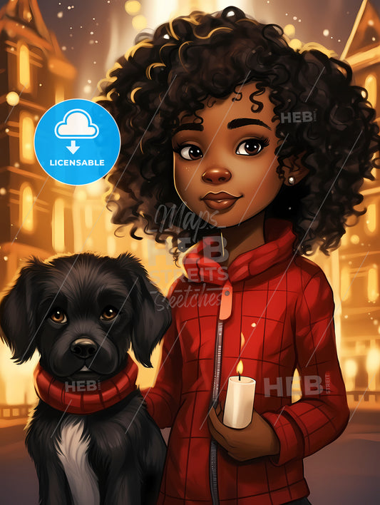 Cute Little Black Girl With Dog, A Cartoon Of A Woman Holding A Dog And A Candle