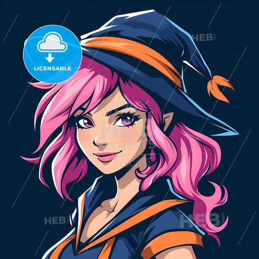 Cute Wicked Witch, A Cartoon Of A Woman With Pink Hair And A Hat