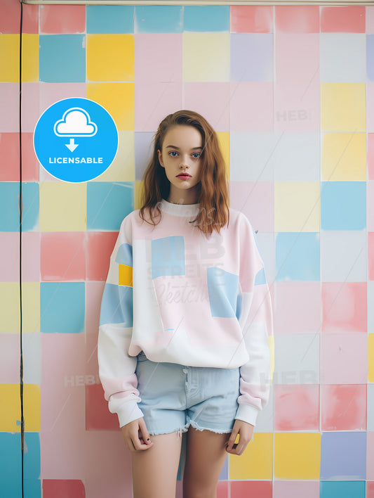Girl Standing On A Pastel Background, A Woman Standing In Front Of A Wall