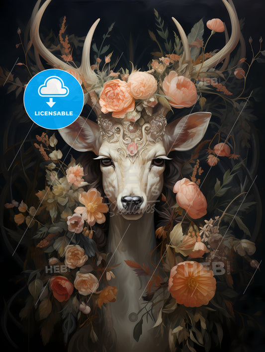 Deer Art Print, A Painting Of A Deer With Flowers