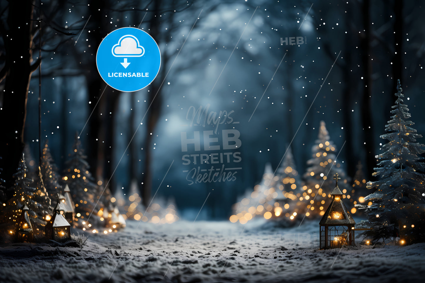 Christmas Winter Background, A Snow Covered Ground With Trees And Lights