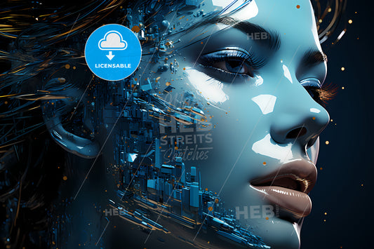 Abstract Digital Human Face, A Woman's Face With A Blue Paint On Her Face