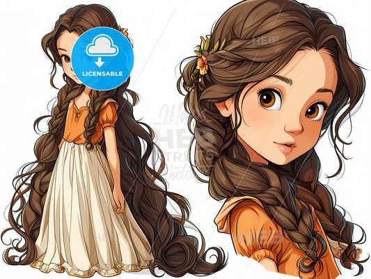 Multi Poses Of A Little Girl, A Cartoon Of A Girl With Long Hair