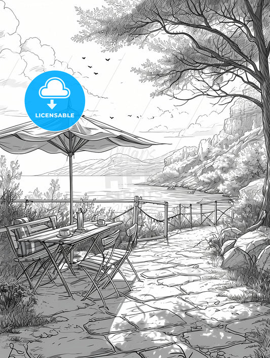 Coloring Page For Kids Summer Vibes, A Table And Chairs On A Path By A River