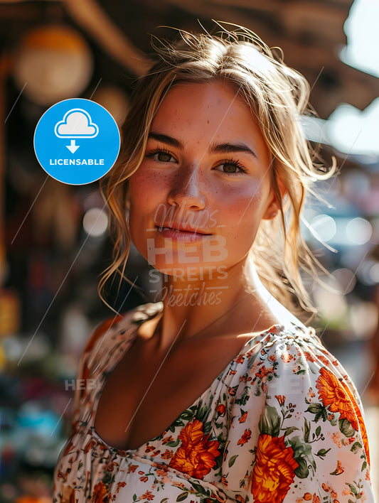A Beautiful Woman Posing Next To A Swimming Pool, A Woman With Blonde Hair And Freckles