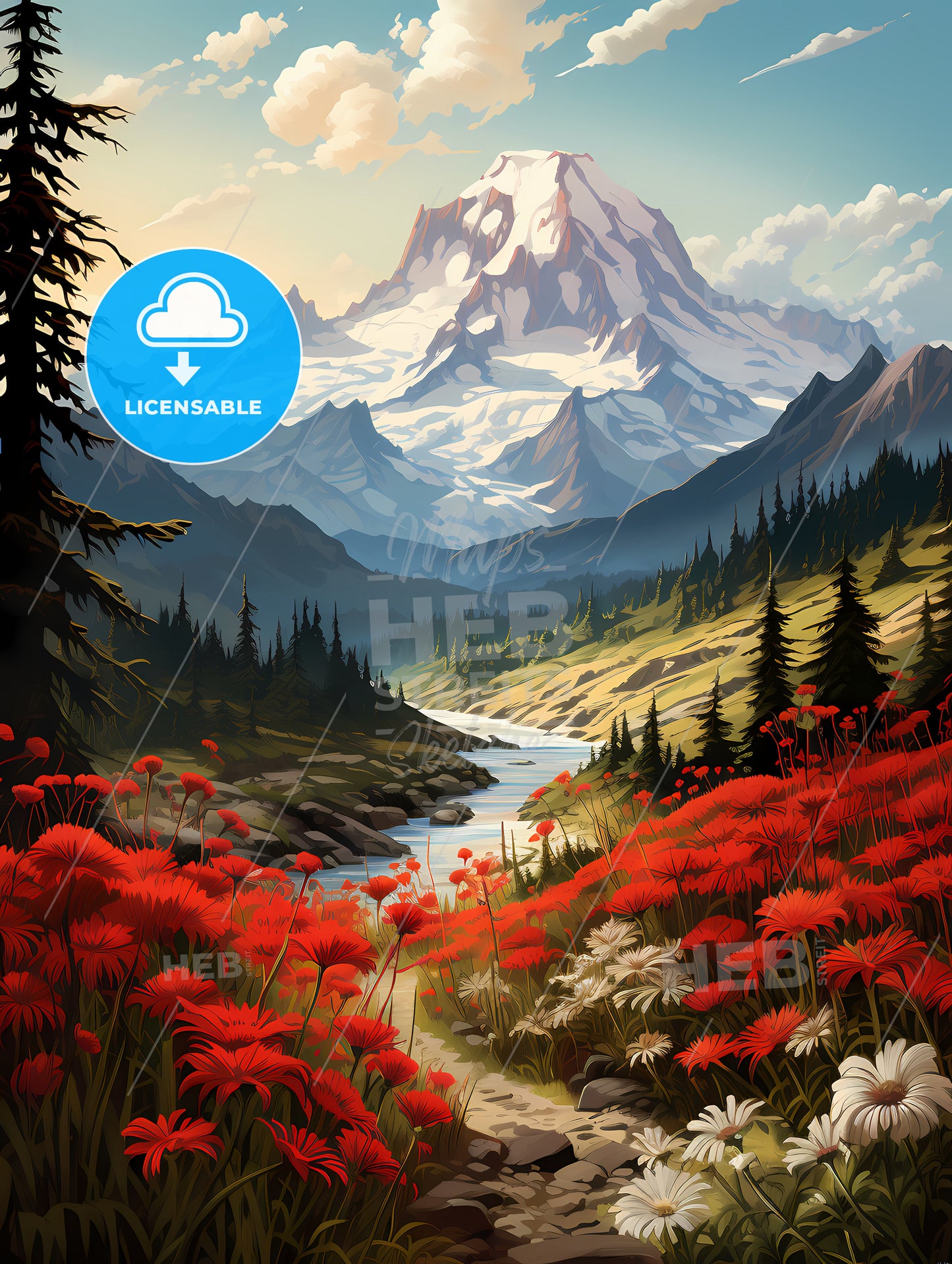Mount Rainier National Park, A River Running Through A Valley With Red Flowers