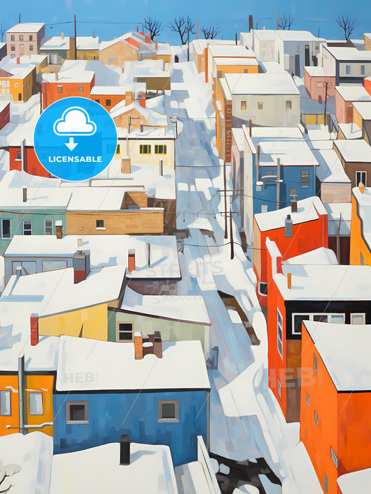 Snowy Urban Roofs Seen From Above, A Snow Covered City With Many Colorful Buildings