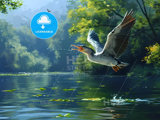 A Flying Cormorant Is Fishing, A Bird Flying Over Water