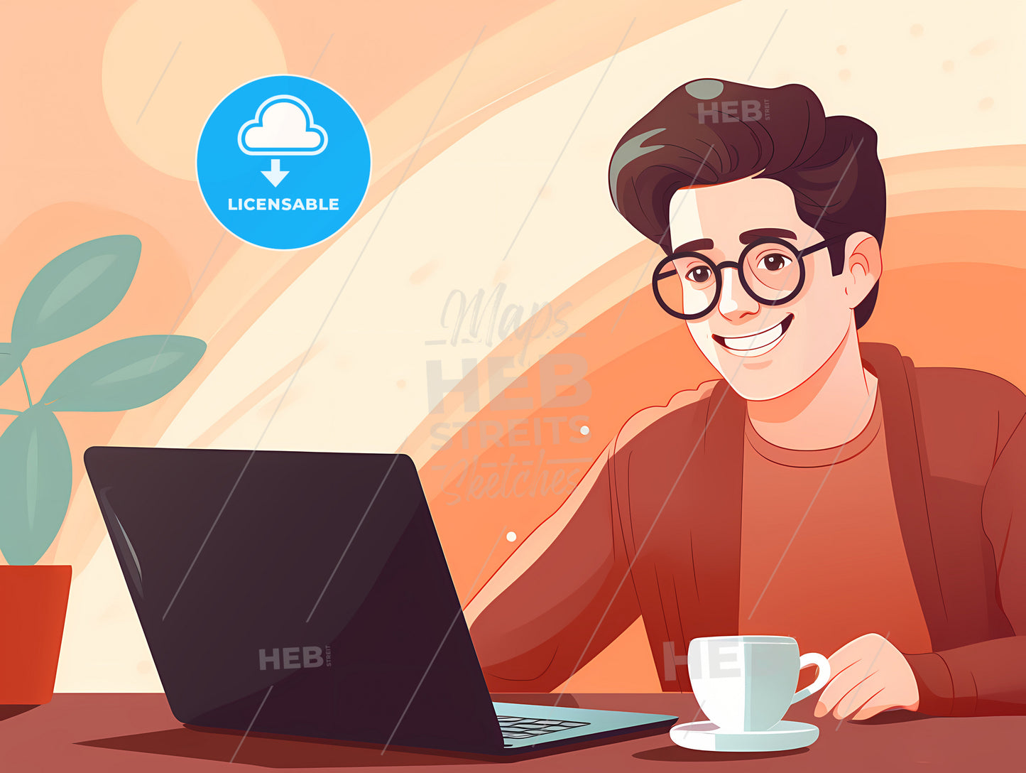 Young Man Working From Home, A Man Sitting At A Table With A Laptop