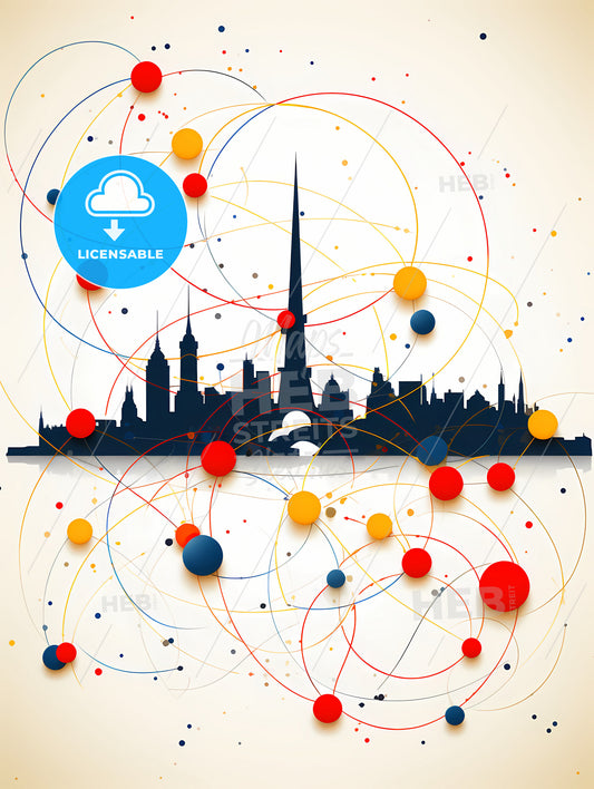 Minimalist Paris Skyline, A City Skyline With Colorful Circles And Dots