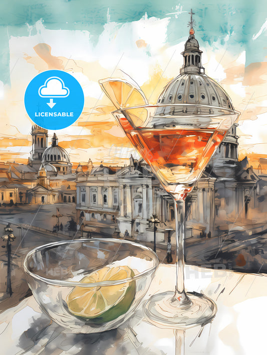 Classic Margarita Cocktail, A Glass Of Drink And A Bowl Of Limes On A Table