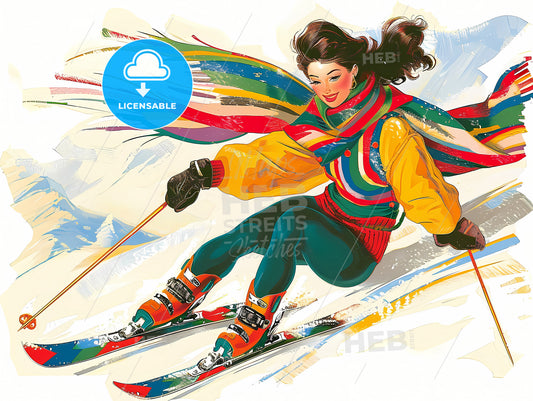 A Cartoon Of A Cool Skiier In The Eighties, A Woman Skiing Down The Snow