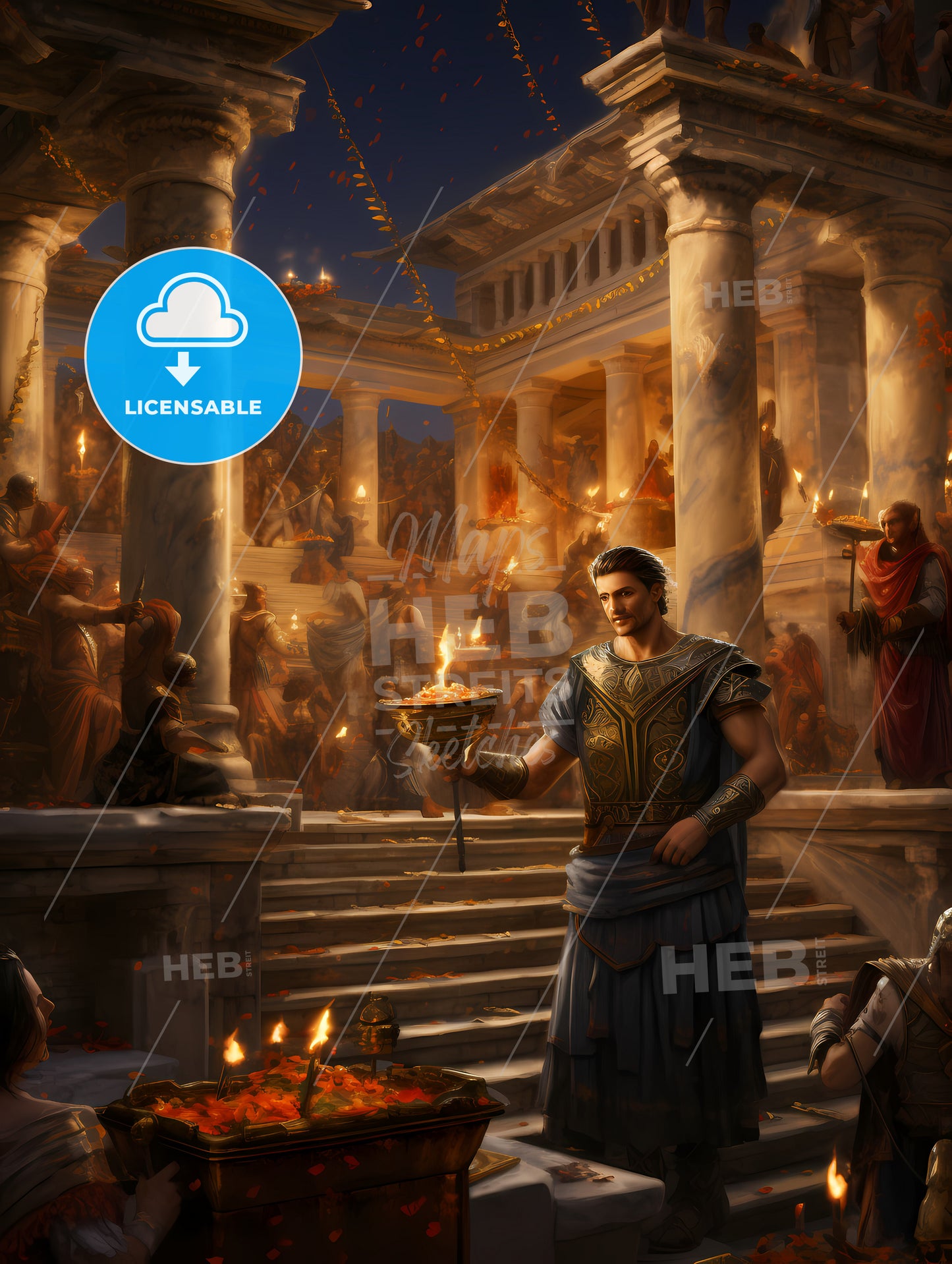 A Lavish And Opulent Scene, A Man In A Garment Holding A Bowl With A Torch