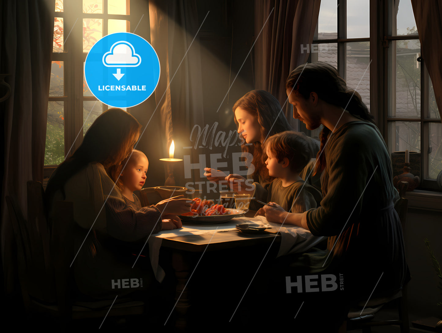 A Seemingly Harmonious, A Family Sitting At A Table With A Candle