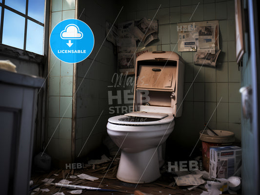 A Realistic Photo Of A Toilet, A Broken Toilet In A Room