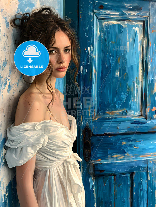 Oil Painting Of A 34 View, A Woman In A White Dress Leaning Against A Blue Door