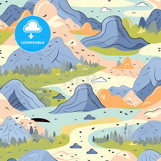 Hand Drawn Landscape, A Pattern Of Mountains And Trees