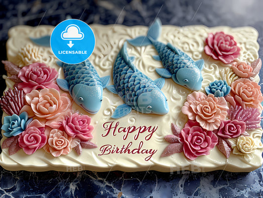 A Happy Birthday Birthday To A Little Mermaid, A Cake With Fish And Flowers