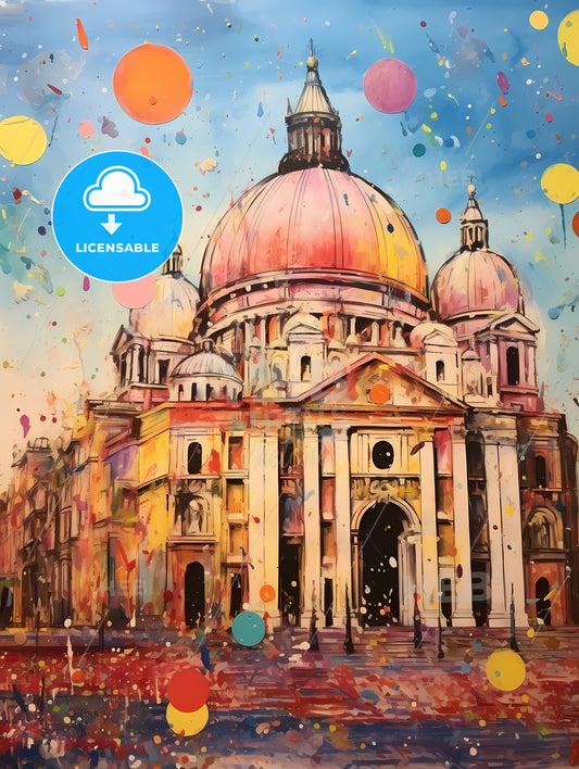 Colorful Confetti, A Painting Of A Building With Colorful Balloons