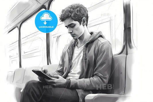 A Man 30 Years Old Sitting Inside A Train, A Man Sitting On A Bus Looking At His Phone