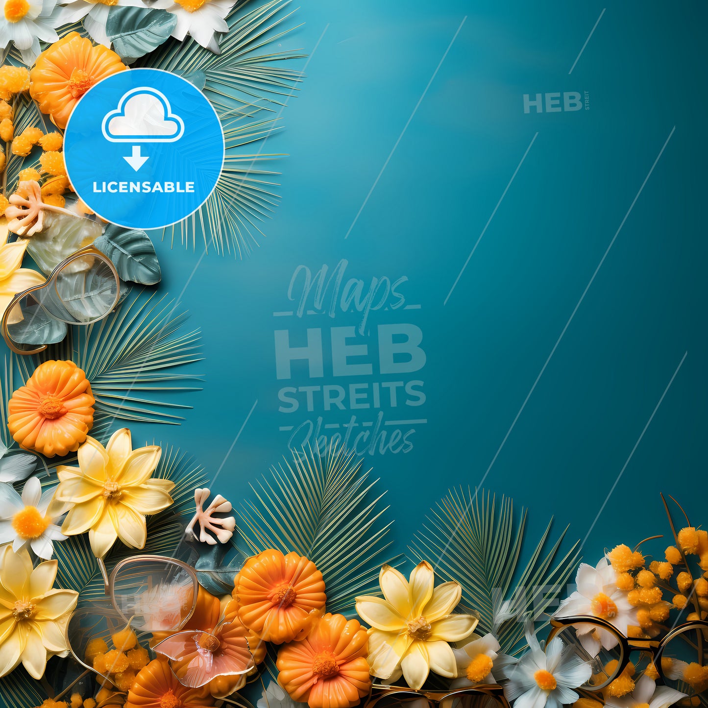 Welcome Summer Background, A Blue Background With Yellow Flowers And Leaves